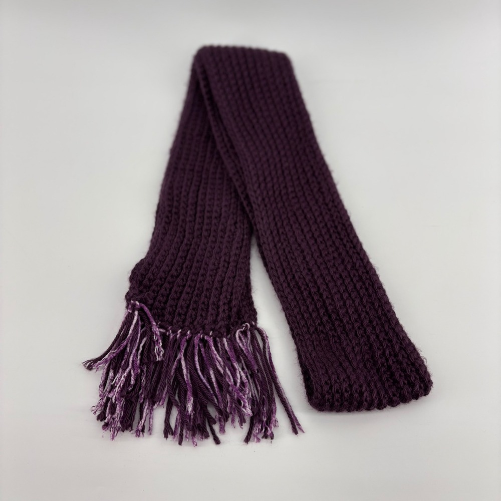 Handmade Purple Chunky Knit Scarf with Fringe One Size Plum Ribbed Winter